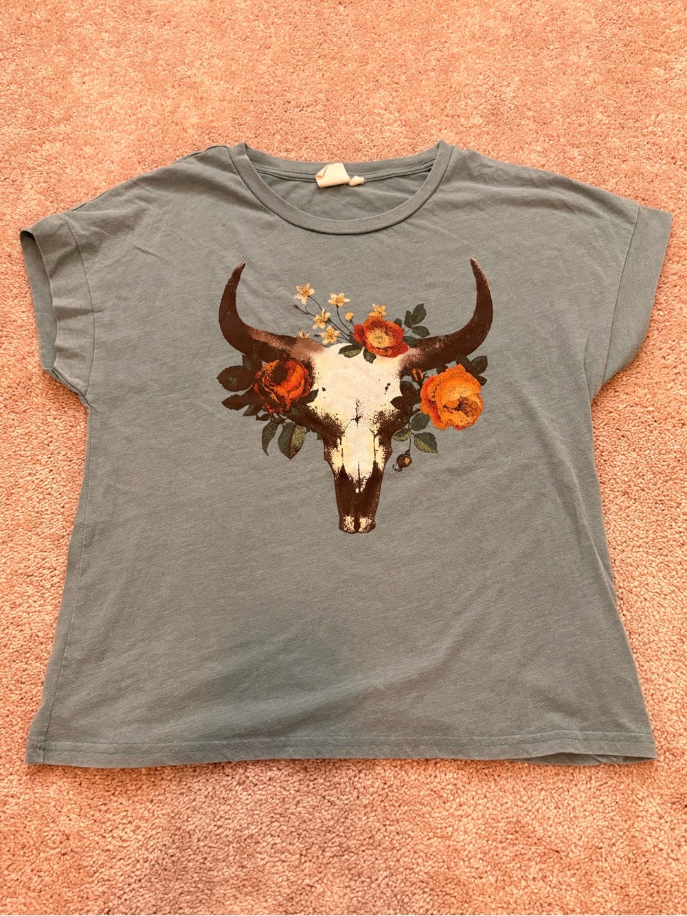 White Crow Seafoam Graphic Tee with Floral Skull Accents